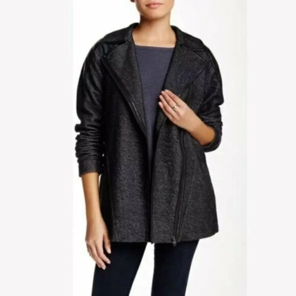 Anthropologie Michael Stars Blue Tweed Side Zip Leather Shoulder Moto Jacket XS - Picture 1 of 7